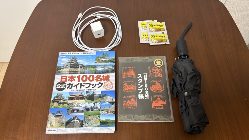 充電器、胃腸薬、スタンプ帳、傘