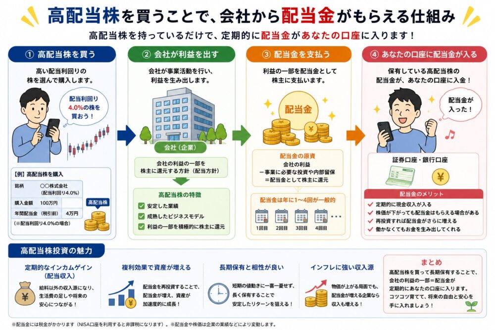 高配当株投資で配当金がもらえる図